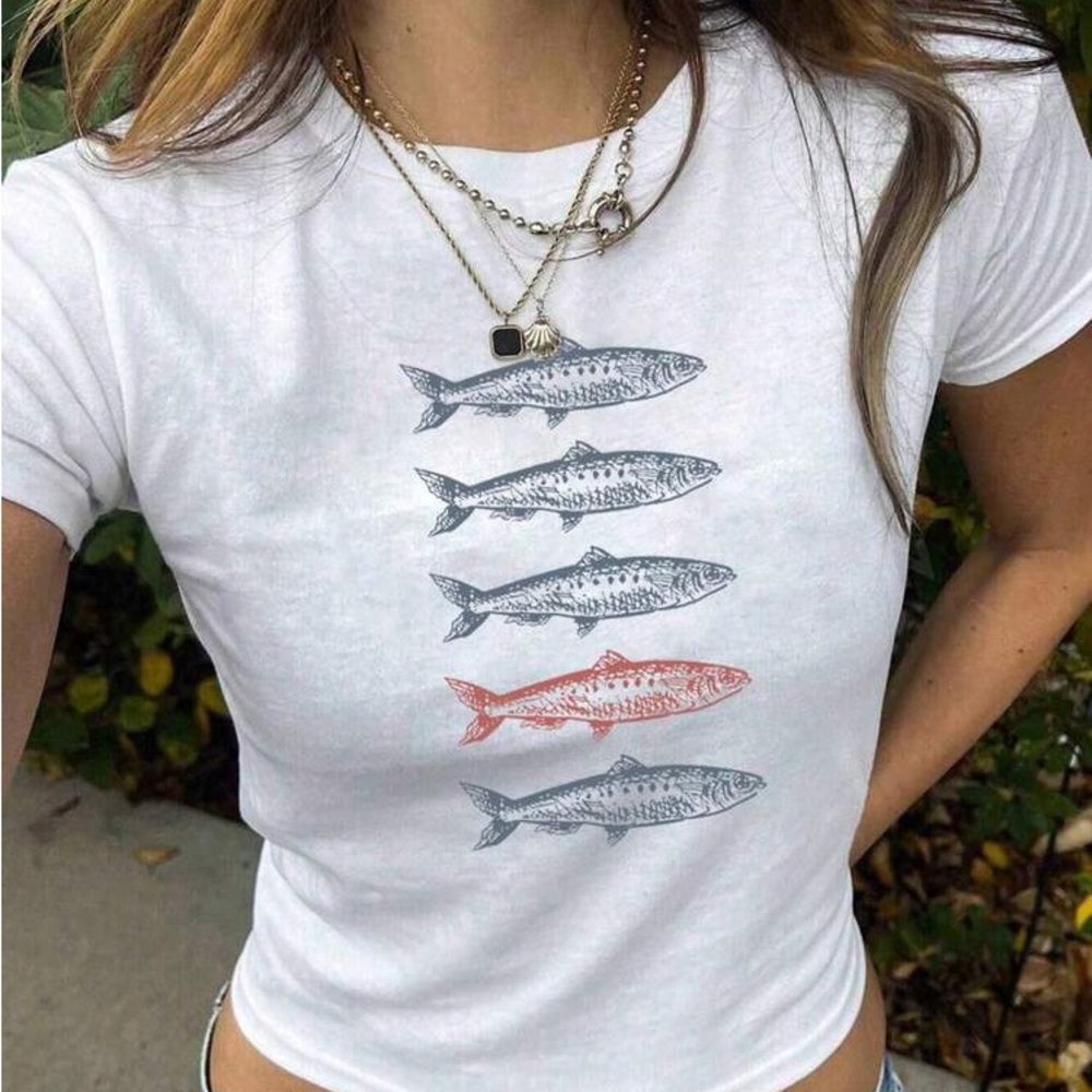 SHEIN White Tee with Fish Design